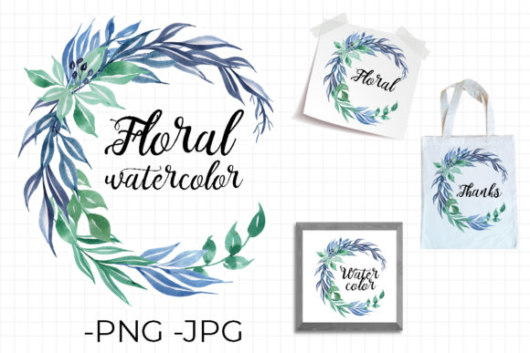 Blue Leaf Wreath Watercolor for Crafts
