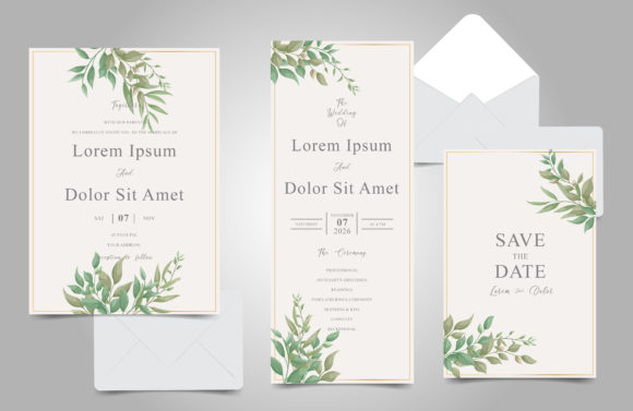 Watercolor Foliage Wedding Cards Set: A Print Template for Elegant Branding