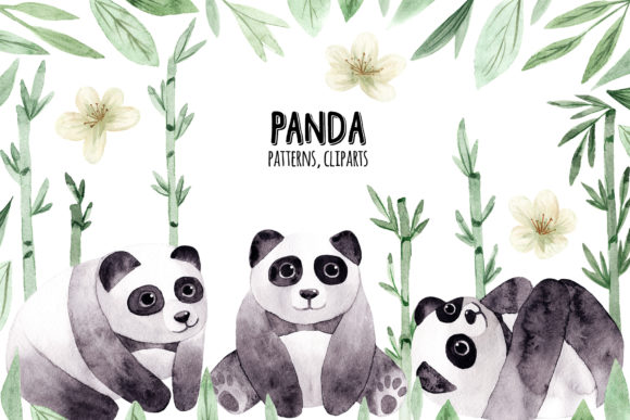 Watercolor Panda. Patterns and Cliparts