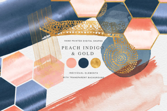 Watercolor Shapes Peach and Indigo Gold Textures